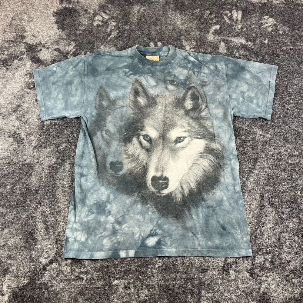 Vtg The Mountain Y2K Large Wolf Print Blue Tie Dye T-Shirt Men's M Short Sleeve